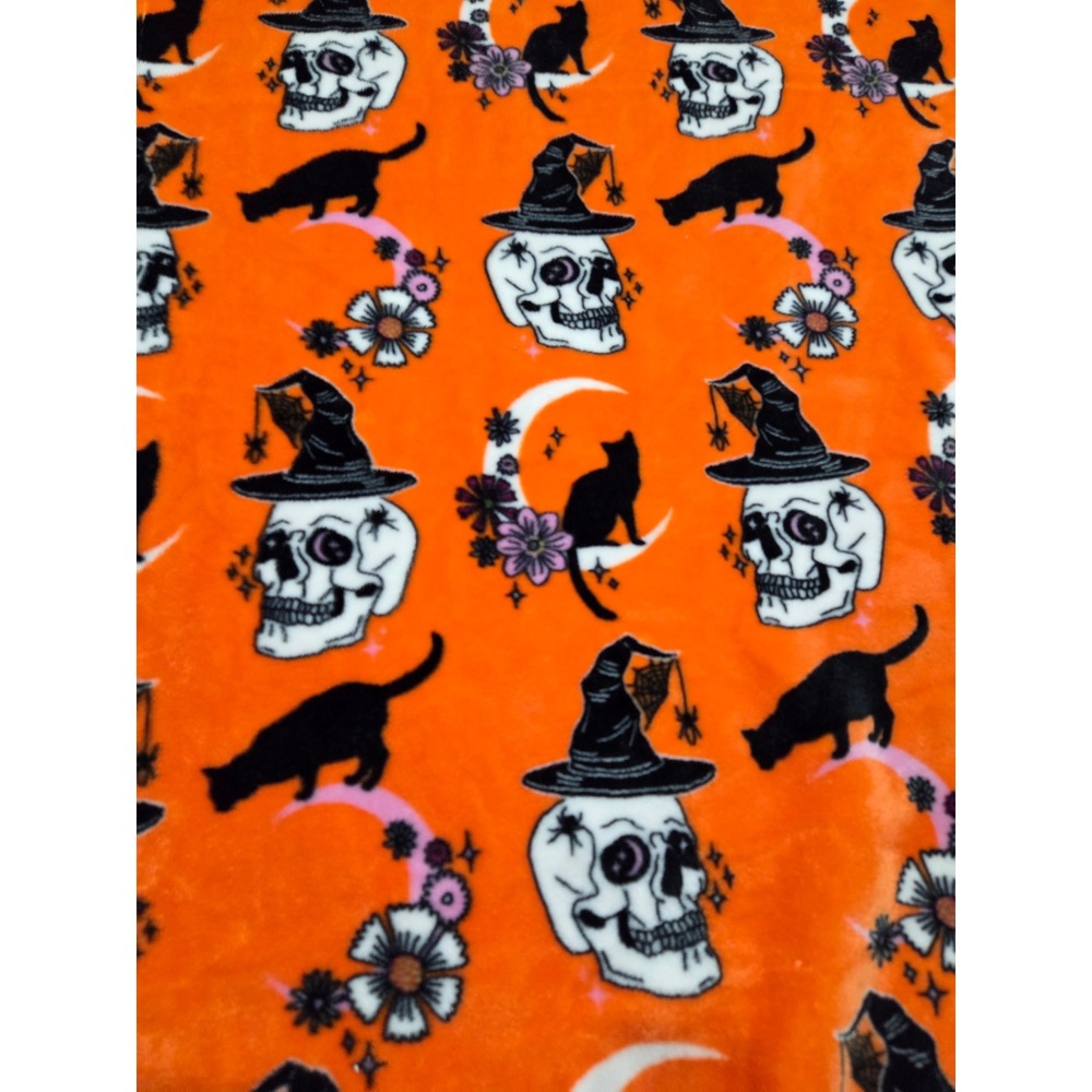 Skull Valley Halloween Plush Throw Blanket Orange Witch Skull Black Cat Moon